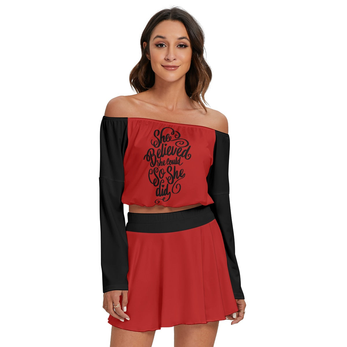 RED Women's Off-shoulder Top And Skirt Set