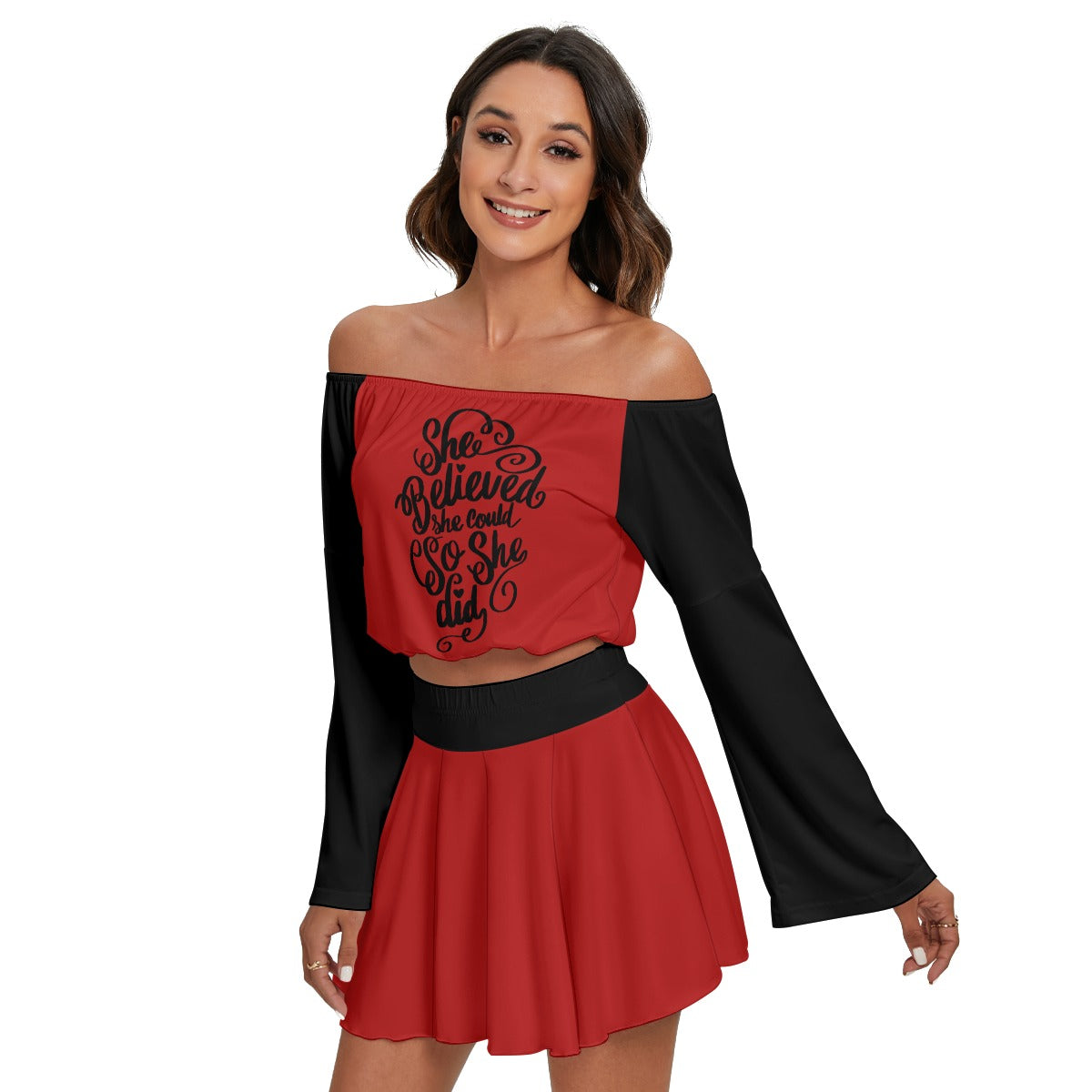 RED Women's Off-shoulder Top And Skirt Set